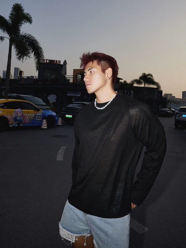 Sheer Crew Neck Long Sleeve T-Shirt 1