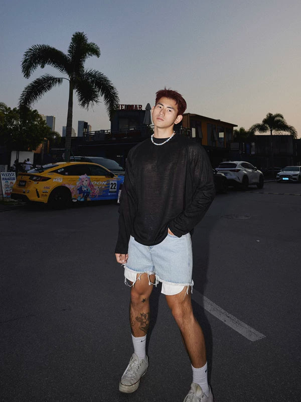 Sheer Crew Neck Long Sleeve T-Shirt 2