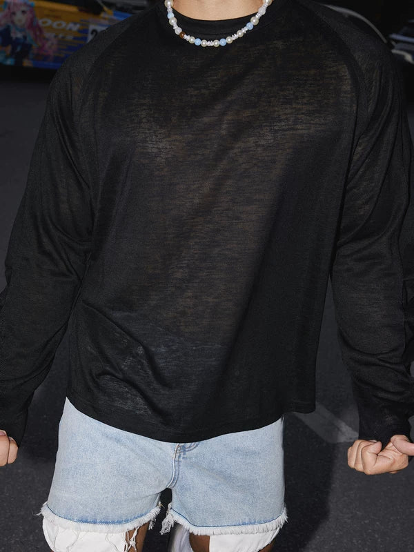 Sheer Crew Neck Long Sleeve T-Shirt 3