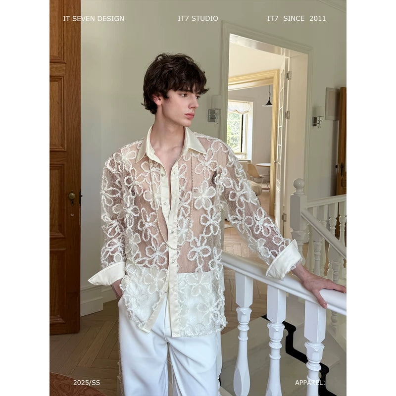 Sheer Floral Embroidered Collared Shirt 1
