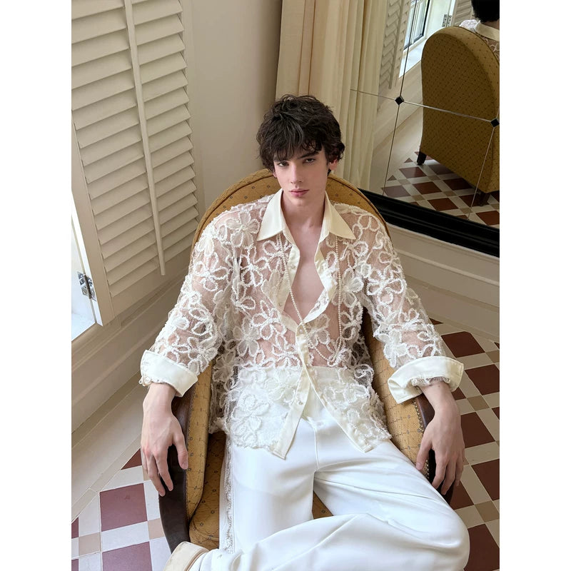 Sheer Floral Embroidered Collared Shirt 2