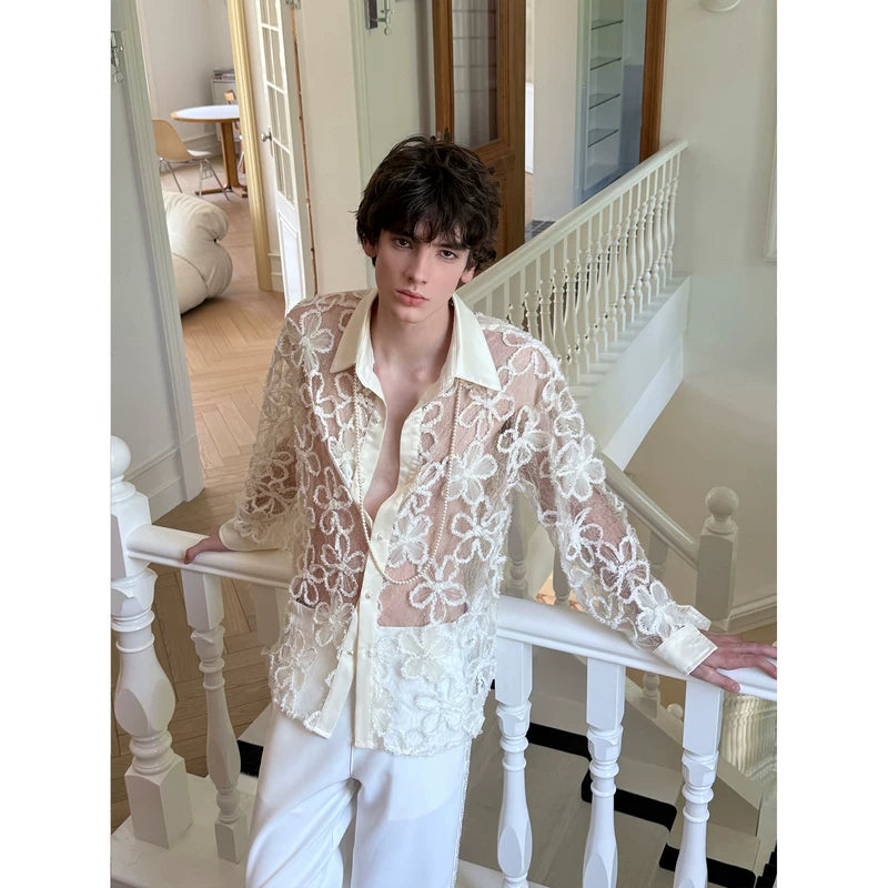 Sheer Floral Embroidered Collared Shirt 5