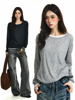 Sheer Knit Faux Two-Piece Long-Sleeve T-Shirt 1
