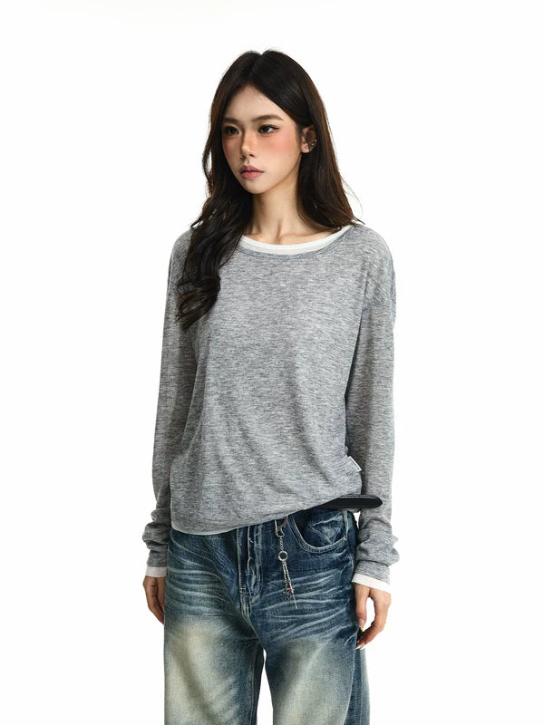 Sheer Knit Faux Two-Piece Long-Sleeve T-Shirt 2