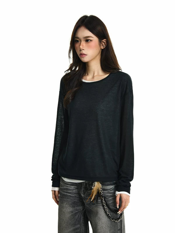 Sheer Knit Faux Two-Piece Long-Sleeve T-Shirt 3