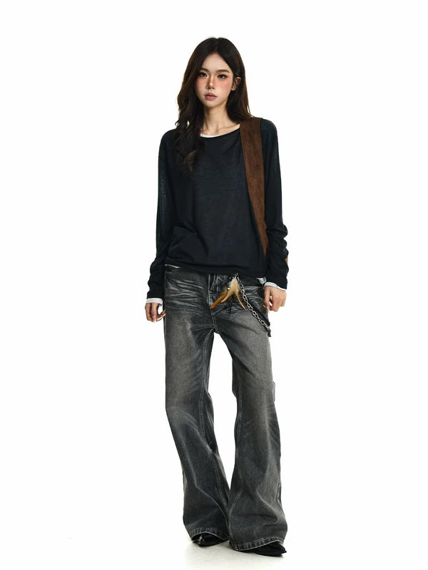 Sheer Knit Faux Two-Piece Long-Sleeve T-Shirt 4