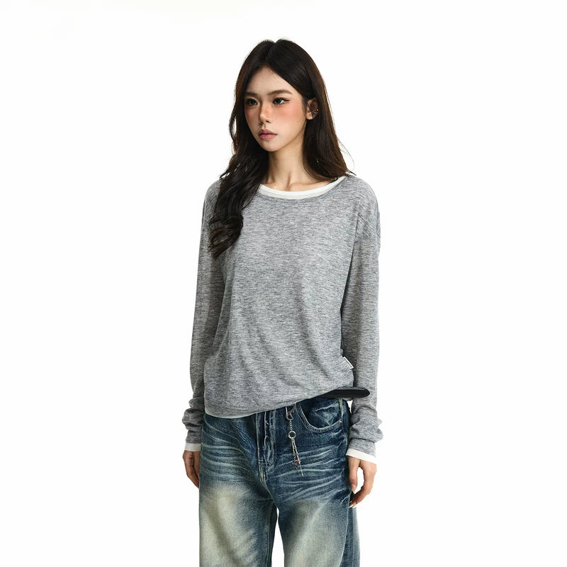 6203344051166,6203344051167,6203344051168, Sheer Knit Faux Two-Piece Long-Sleeve T-Shirt