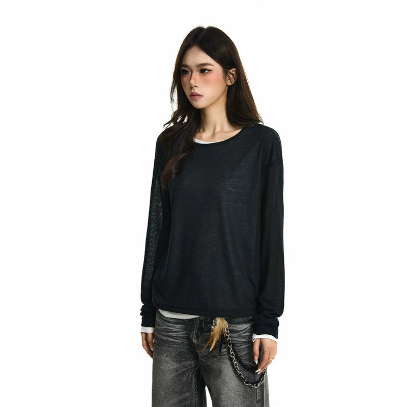 6203344051169,6203344051170,6203344051171, Sheer Knit Faux Two-Piece Long-Sleeve T-Shirt