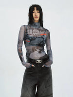 Sheer Mesh Graphic Long Sleeve T-Shirt 1