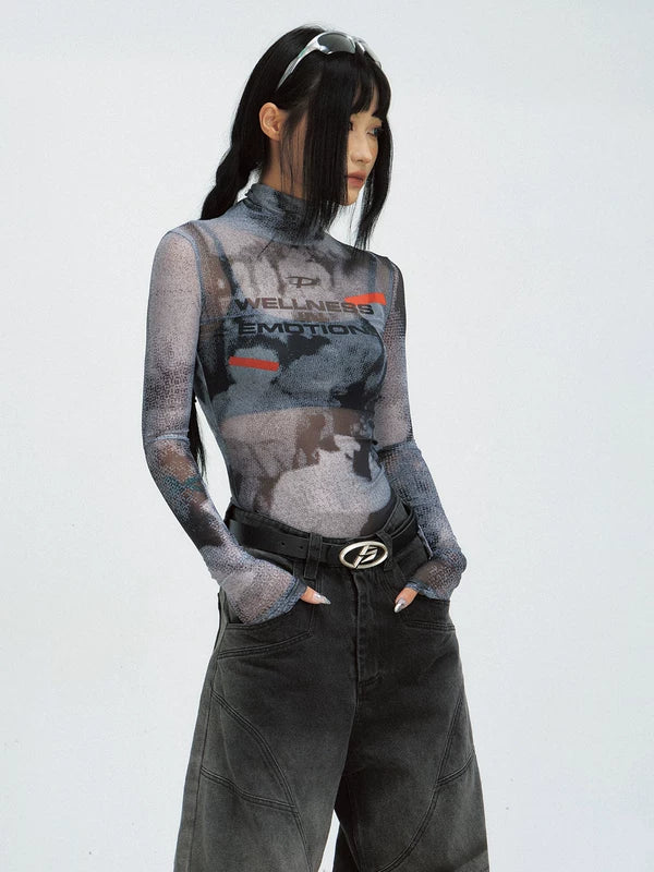 Sheer Mesh Graphic Long Sleeve T-Shirt 2