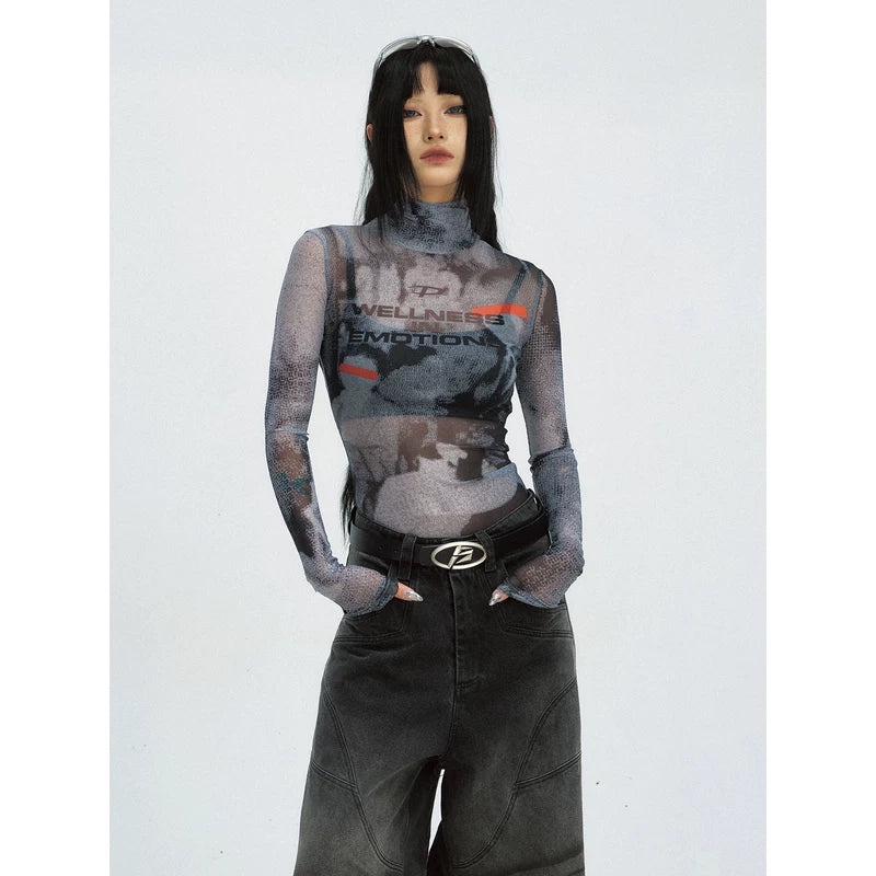 5601491259271,5601491259272, Sheer Mesh Graphic Long Sleeve T-Shirt