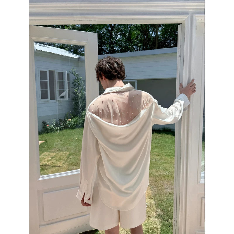 Sheer Pearl-Embellished Satin Long-Sleeve Shirt 2