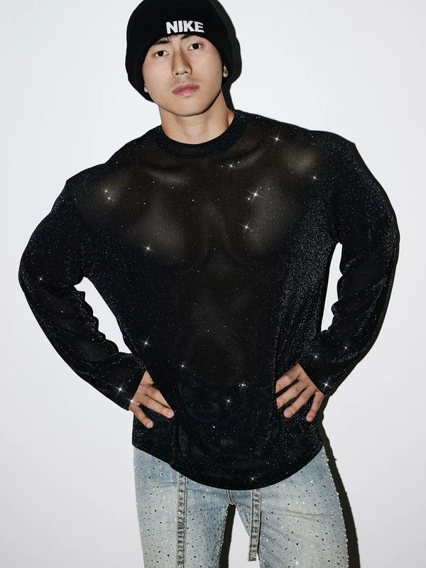 Sheer Sequined Long-Sleeve T-Shirt 1