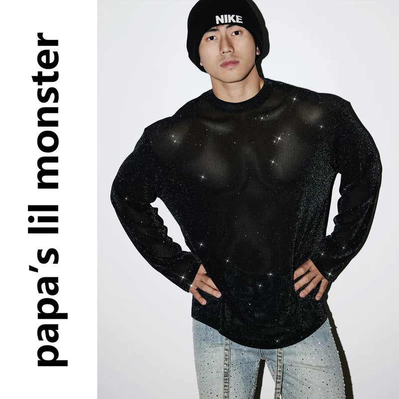 6211450179536,6211450179537,6211450179538, Sheer Sequined Long-Sleeve T-Shirt