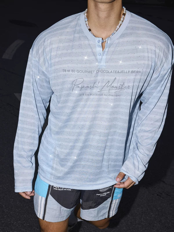Sheer Striped Rhinestone Henley Long-Sleeve Shirt 3