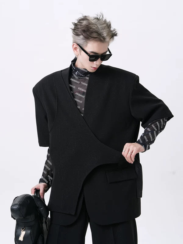 Short-Sleeve Collarless Padded Shoulder Suit Set 2