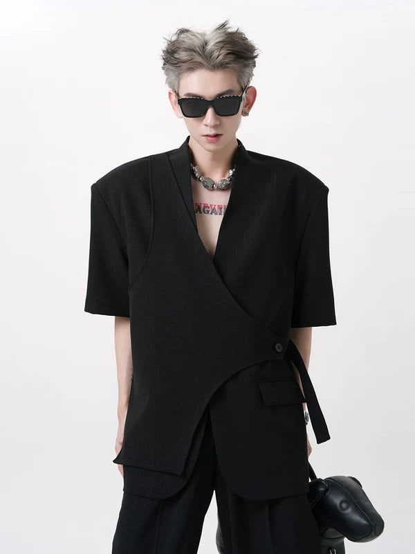 Short-Sleeve Collarless Padded Shoulder Suit Set 3