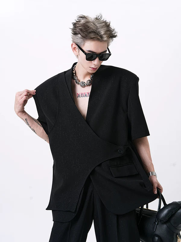 Short-Sleeve Collarless Padded Shoulder Suit Set 4