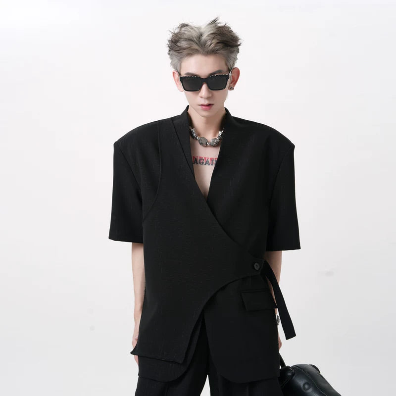 5212629407968,5212629407972,5212629407976,5212629407980, Short-Sleeve Collarless Padded Shoulder Suit Set