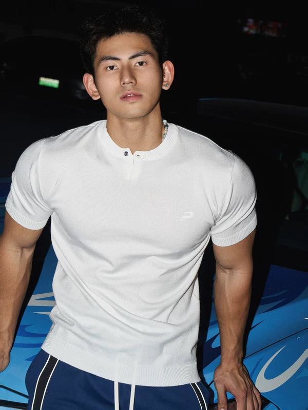 Short-Sleeve Henley Knit Sweater 1