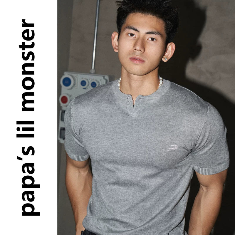 5643399607188,5643399607189,5643399607190, Short-Sleeve Henley Knit Sweater