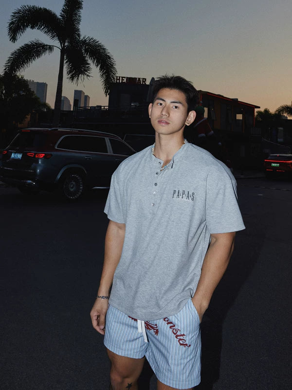 Short-Sleeve Henley Letter Embroidery T-Shirt 1