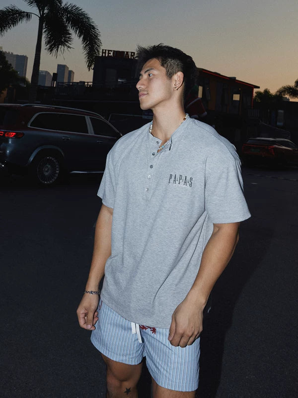Short-Sleeve Henley Letter Embroidery T-Shirt 3