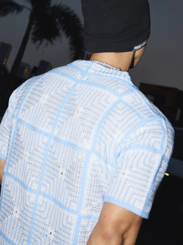 Short-Sleeve Hollow-Out Knit Button-Down Shirt 4