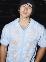 Short-Sleeve Hollow-Out Knit Button-Down Shirt 5