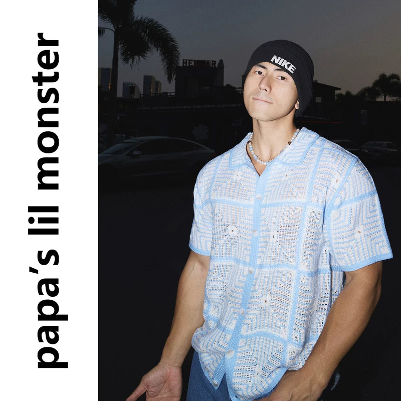 6053803972839,6053803972840,6053803972841, Short-Sleeve Hollow-Out Knit Button-Down Shirt