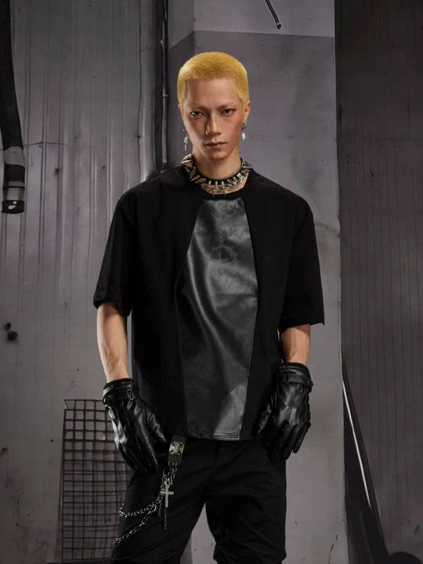 Short-Sleeve Leather Patchwork T-Shirt 1