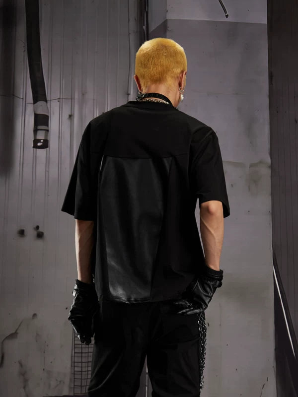Short-Sleeve Leather Patchwork T-Shirt 3