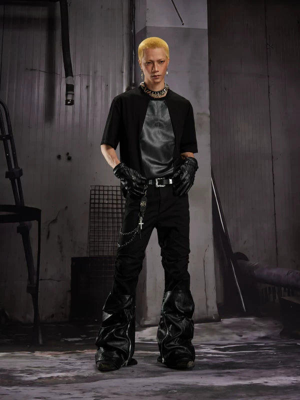 Short-Sleeve Leather Patchwork T-Shirt 5
