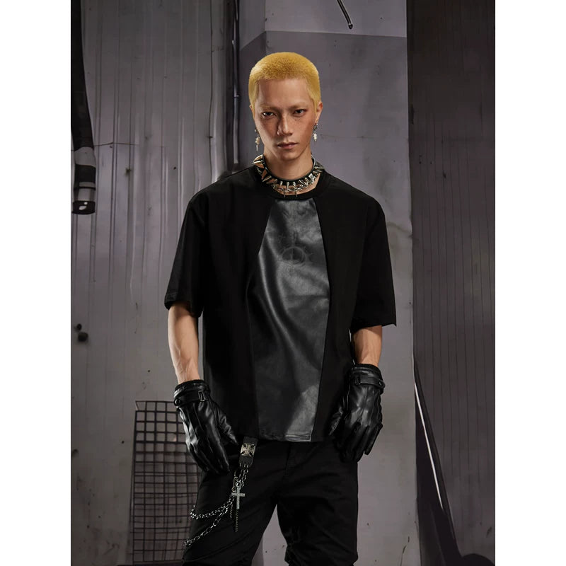 6097349853082,6097349853083,6097349853084, Short-Sleeve Leather Patchwork T-Shirt