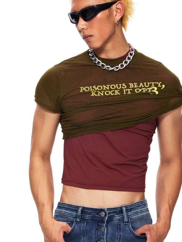 Short-Sleeve Mesh Letter Print Crop Top 3