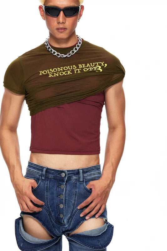 6218950807367,6218950807370,6218950807373, Short-Sleeve Mesh Letter Print Crop Top