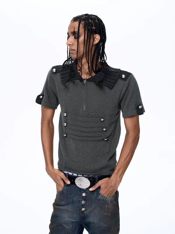 Short-Sleeve Napoleon Court Style Knit Sweater 2