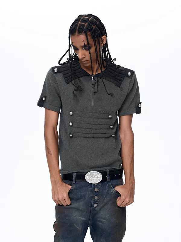 Short-Sleeve Napoleon Court Style Knit Sweater 3