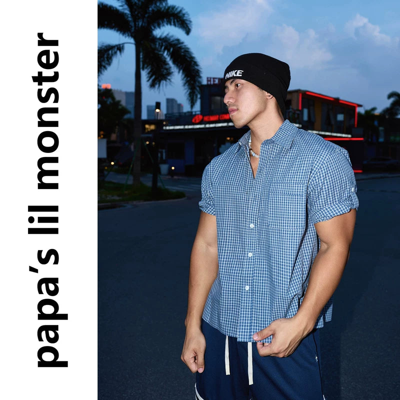 6105088496323,6105088496324,6105088496325, Short-Sleeve Plaid Casual Button-Down Shirt