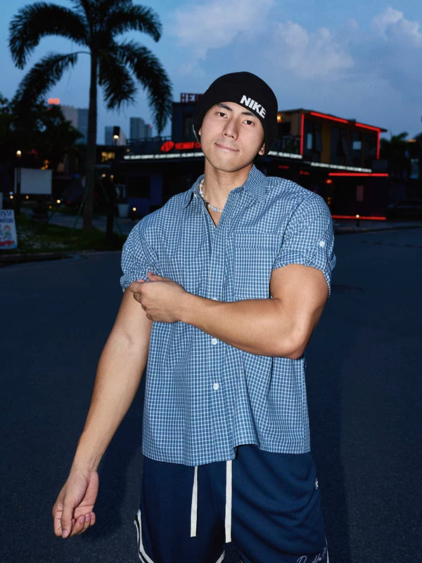 Short-Sleeve Plaid Shirt with Cuff Tabs 5