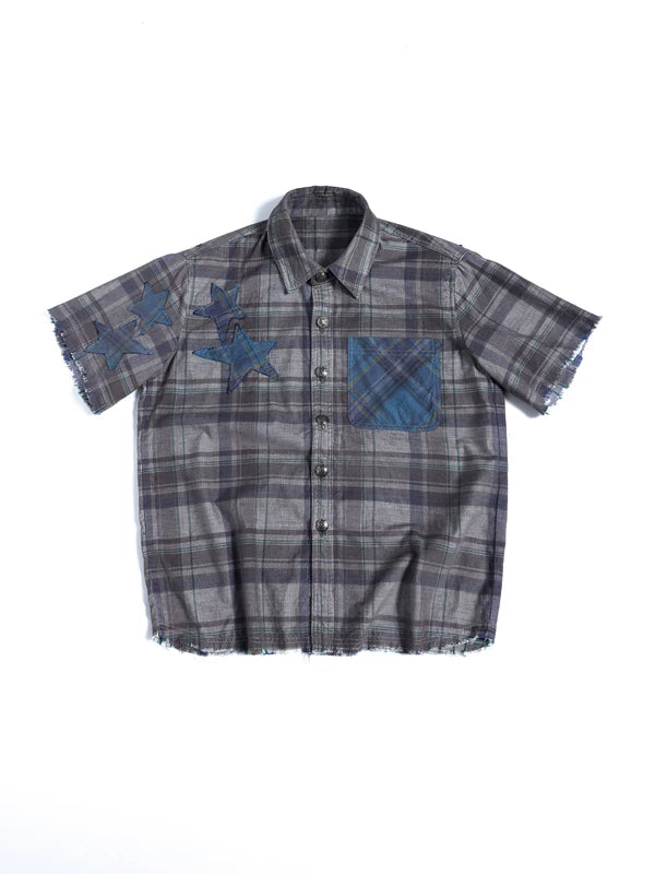 6094234304819,6094234304820,6094234304821, Short Sleeve Plaid Star Applique Shirt