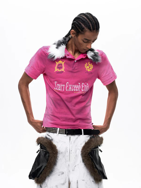 Short-Sleeve Polo Shirt with Fur Collar 3