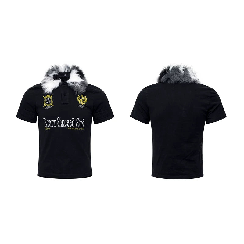 6044481425913,6044481425914,6044481425915,6044481425916, Short-Sleeve Polo Shirt with Fur Collar