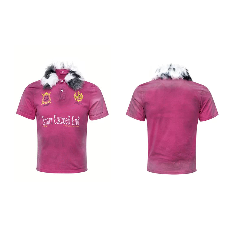 6044481425917,6044481425918,6044481425919,6044481425920, Short-Sleeve Polo Shirt with Fur Collar