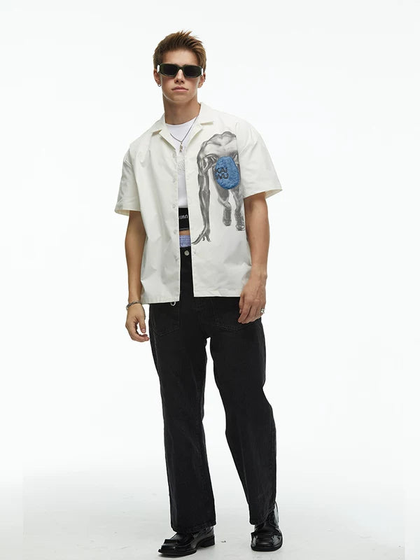 Short-Sleeve Portrait Print Camp Collar Shirt 1