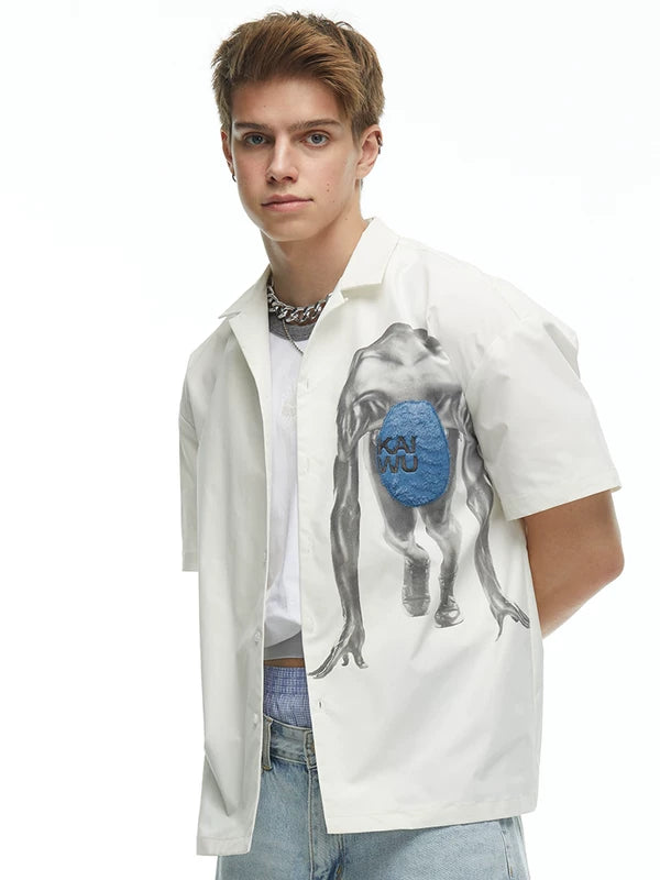 Short-Sleeve Portrait Print Camp Collar Shirt 4