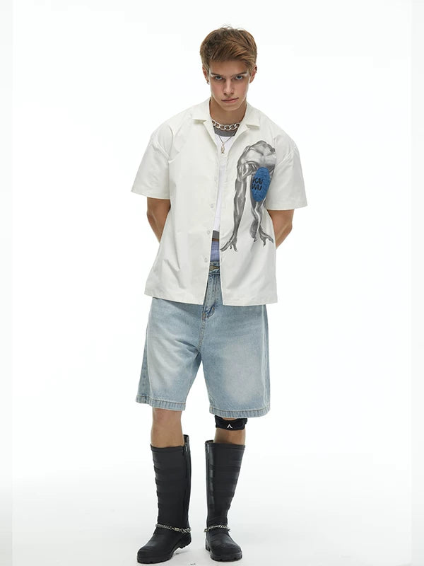 Short-Sleeve Portrait Print Camp Collar Shirt 5