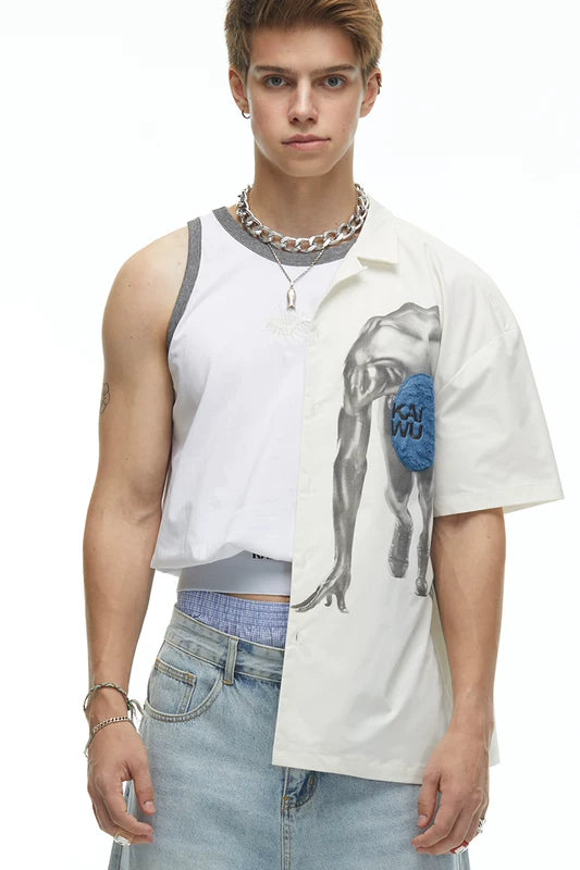 5616572522233, Short-Sleeve Portrait Print Camp Collar Shirt