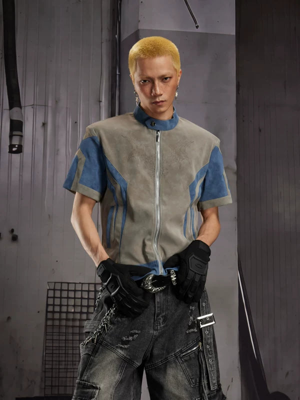 Short Sleeve Stand Collar Faux Leather Jacket 1
