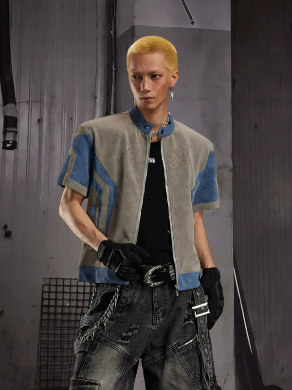 Short Sleeve Stand Collar Faux Leather Jacket 2